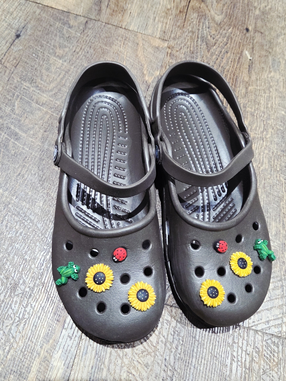 CROCS Brown Sandal Clogs with Yellow Sunflower and Red Ladybug Charms